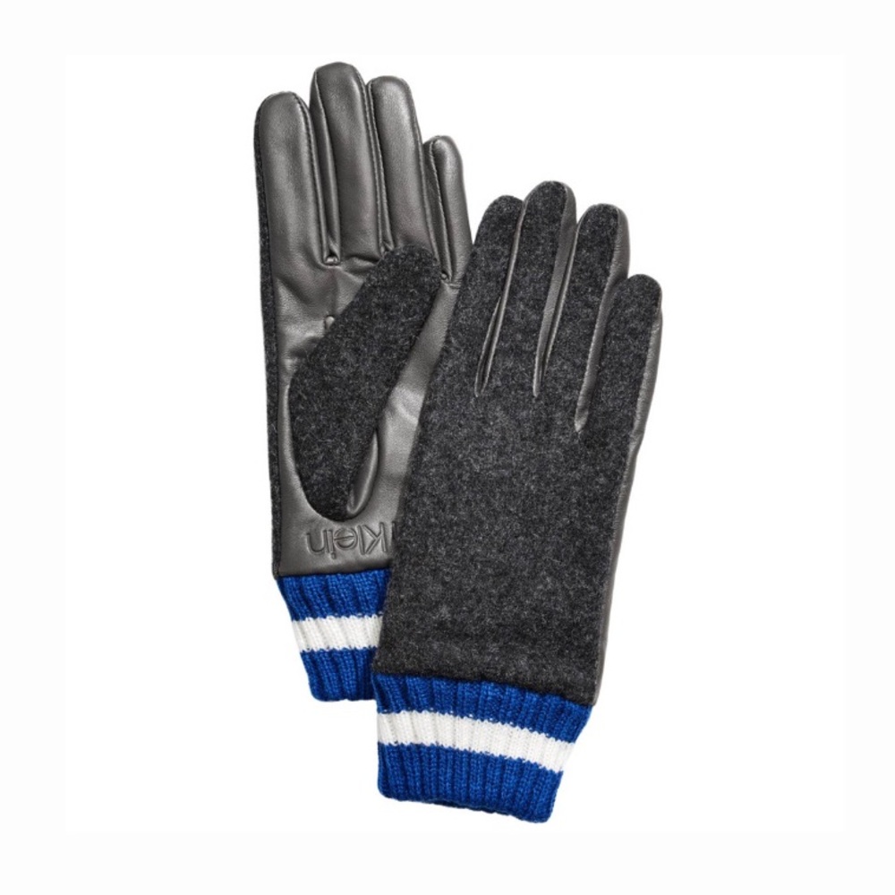 Calvin Klein leather & wool gloves knit charcoal blue brand new gift medium